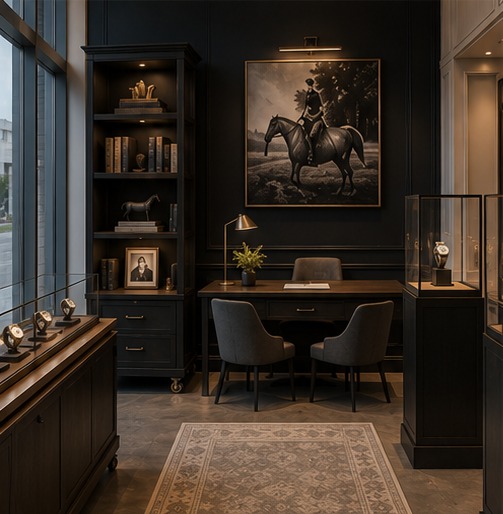 Dark wood desk, brass lamp, and watch display cases inside the Ocala boutique