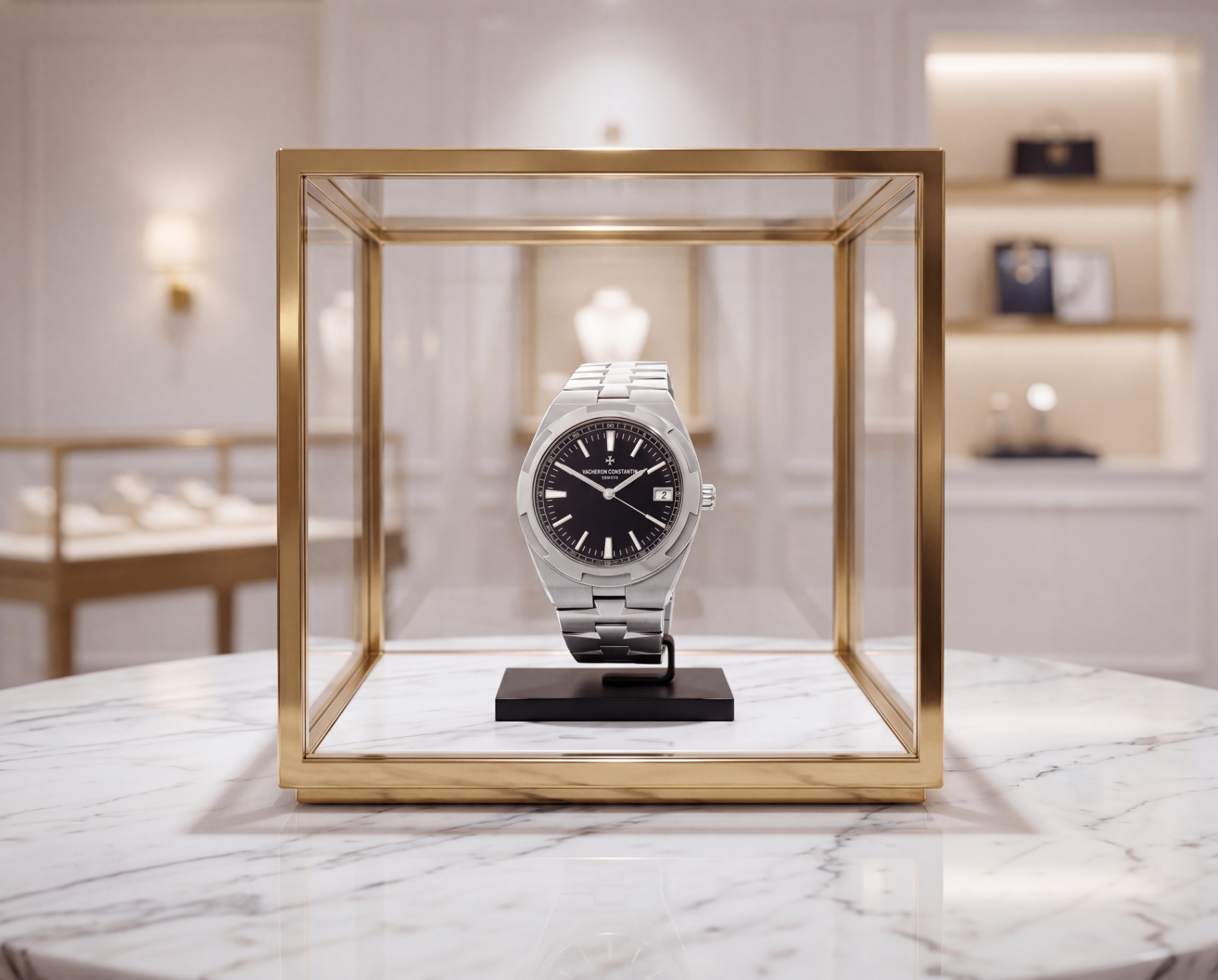 A Vacheron Constantin Overseas displayed in a brass-framed boutique case