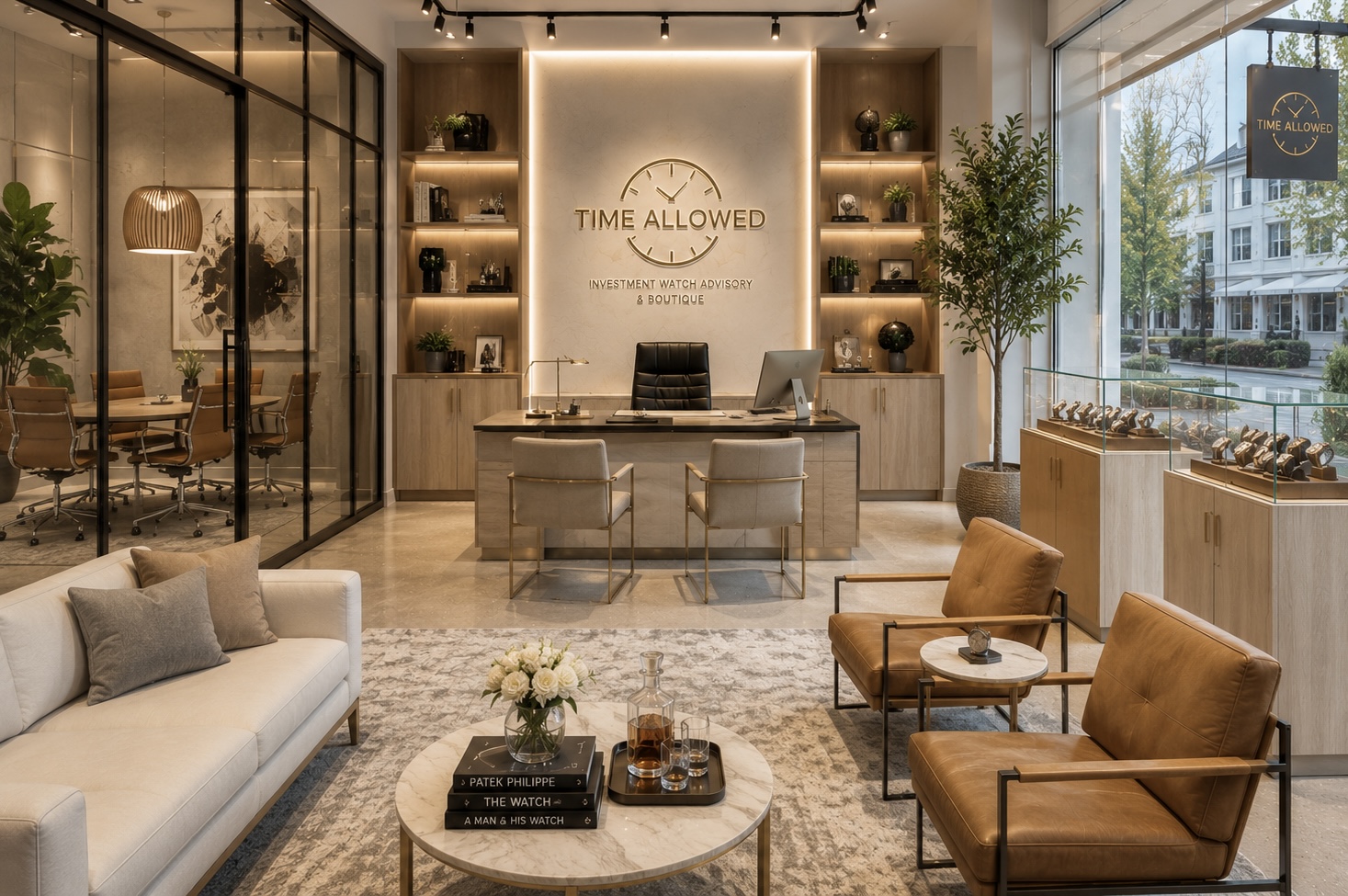Warm wood cabinetry and a single illuminated display case